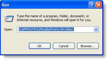 Screenshot of Windows XP, showing where to locate missing Firefox bookmarks in the user profile.
